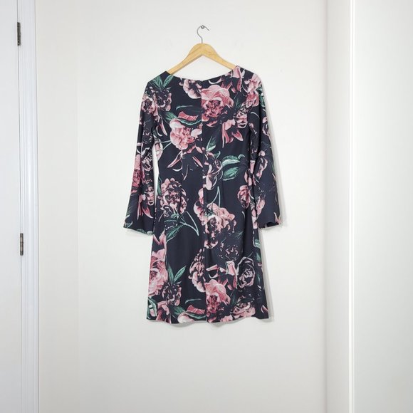 JAX Black Label Women Lace Black Pink Floral Bell Long Sleeve Round Neck Dress - Picture 3 of 13